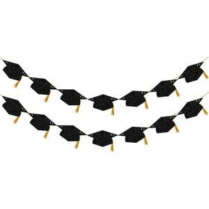Class of 2025 Graduation Banner Black Gold Glitter Party Decor with Tassels